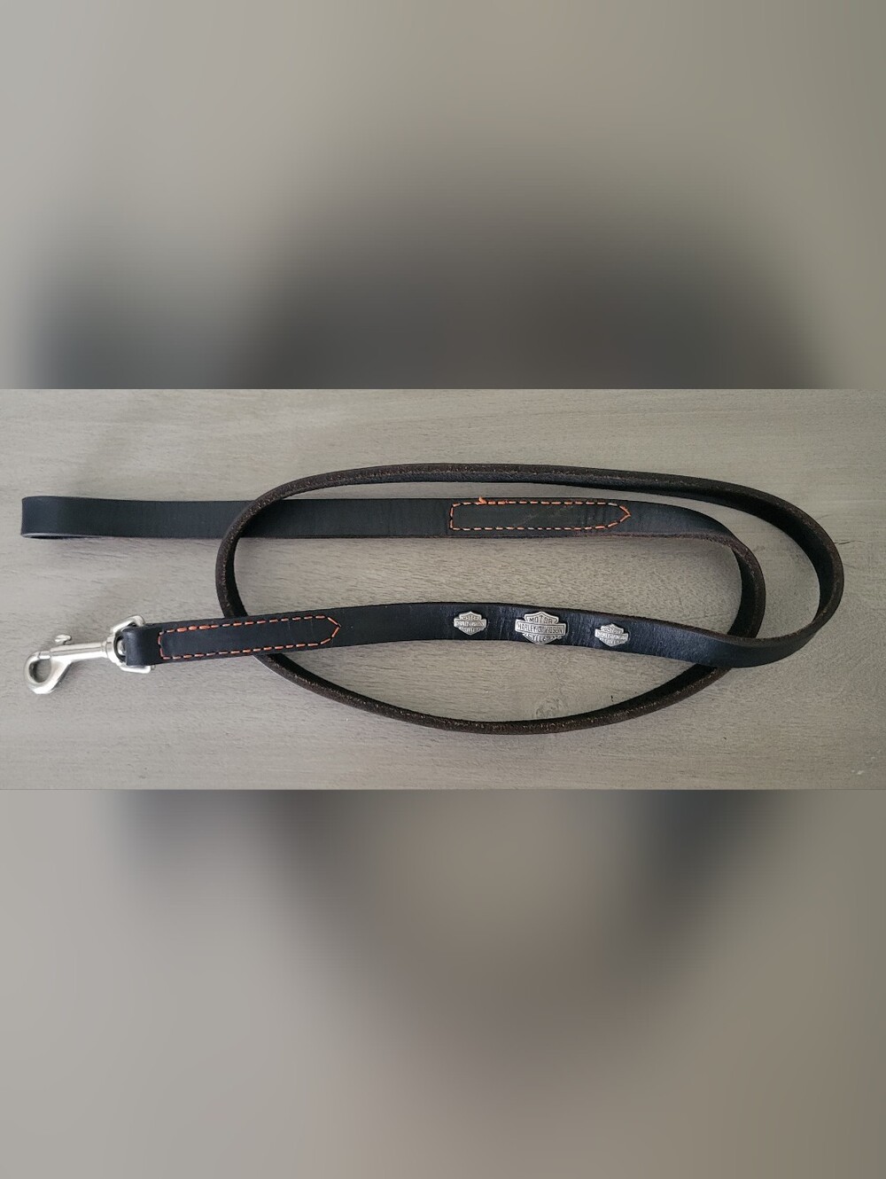 Harley-Davidson Black Leather Pet Leash with Orange Stitching and Logo